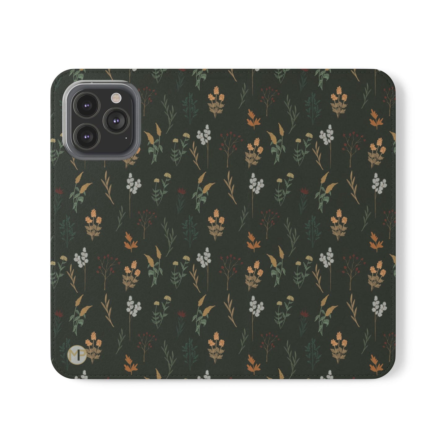 Botanical Floral Flip Phone Case — Dark Green Wallet Cover