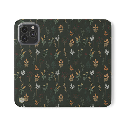 Botanical Floral Flip Phone Case — Dark Green Wallet Cover