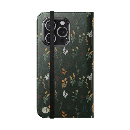Botanical Floral Flip Phone Case — Dark Green Wallet Cover