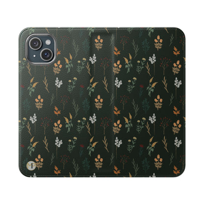 Botanical Floral Flip Phone Case — Dark Green Wallet Cover