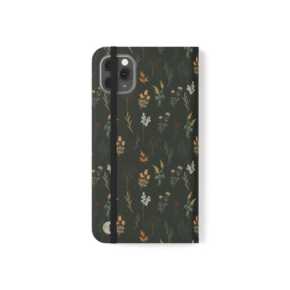 Botanical Floral Flip Phone Case — Dark Green Wallet Cover