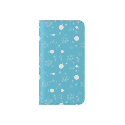 Snowflake Blue Flip Phone Case — Winter Pattern Wallet Case with Card Slots