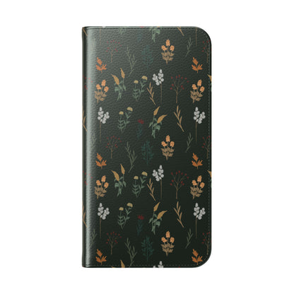 Botanical Floral Flip Phone Case — Dark Green Wallet Cover