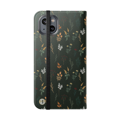 Botanical Floral Flip Phone Case — Dark Green Wallet Cover