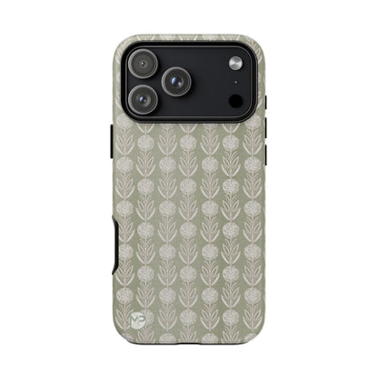 Sage Floral Stripe Tough Phone Case – Neutral Botanical Protective Cover
