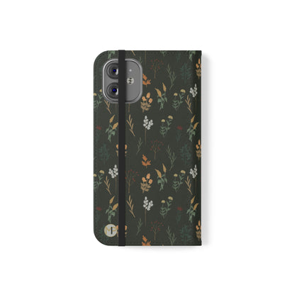 Botanical Floral Flip Phone Case — Dark Green Wallet Cover