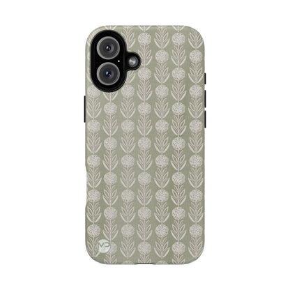 Sage Floral Stripe Tough Phone Case – Neutral Botanical Protective Cover