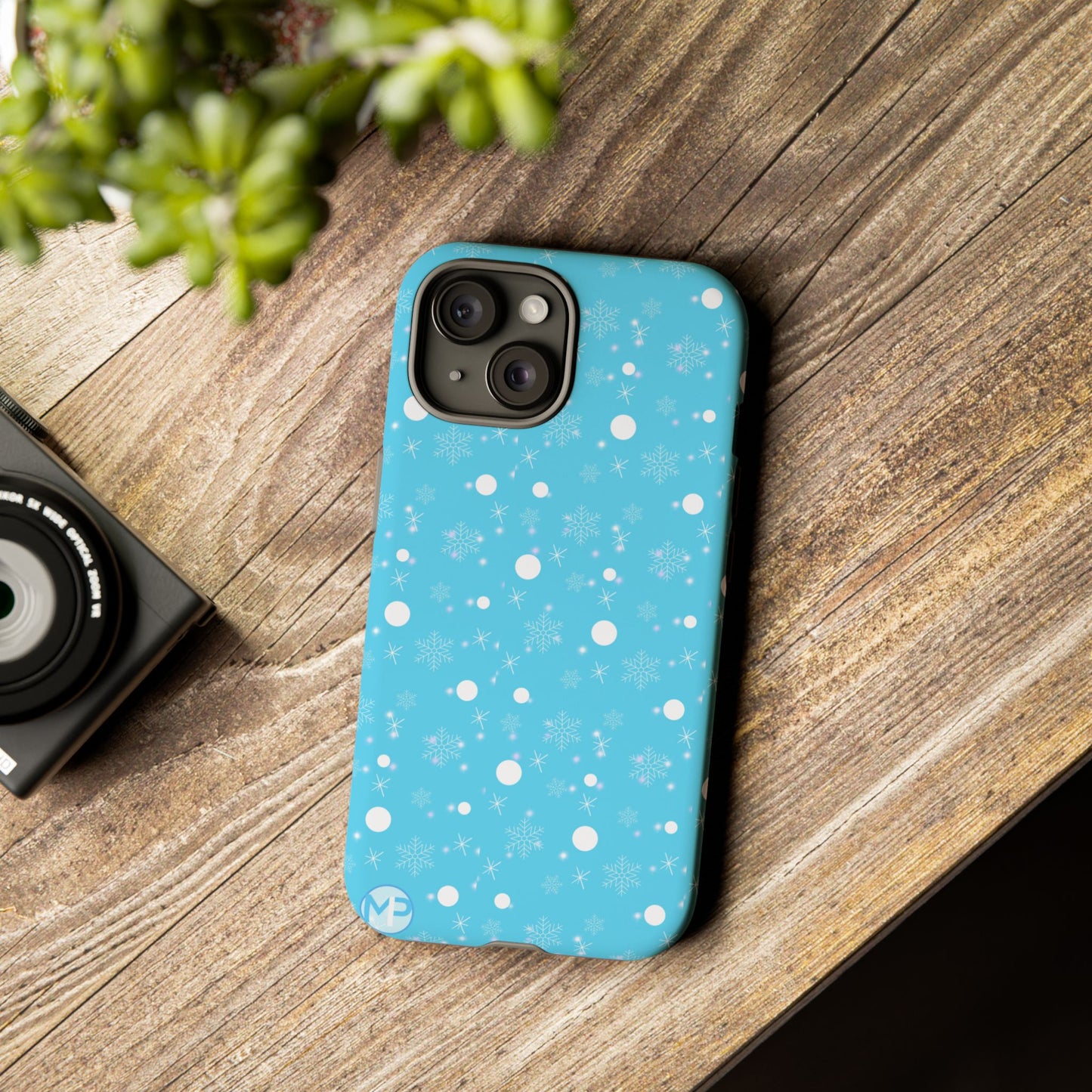 Snowflake Pattern Tough Phone Case — Blue Winter Snow Dots Protective Cover