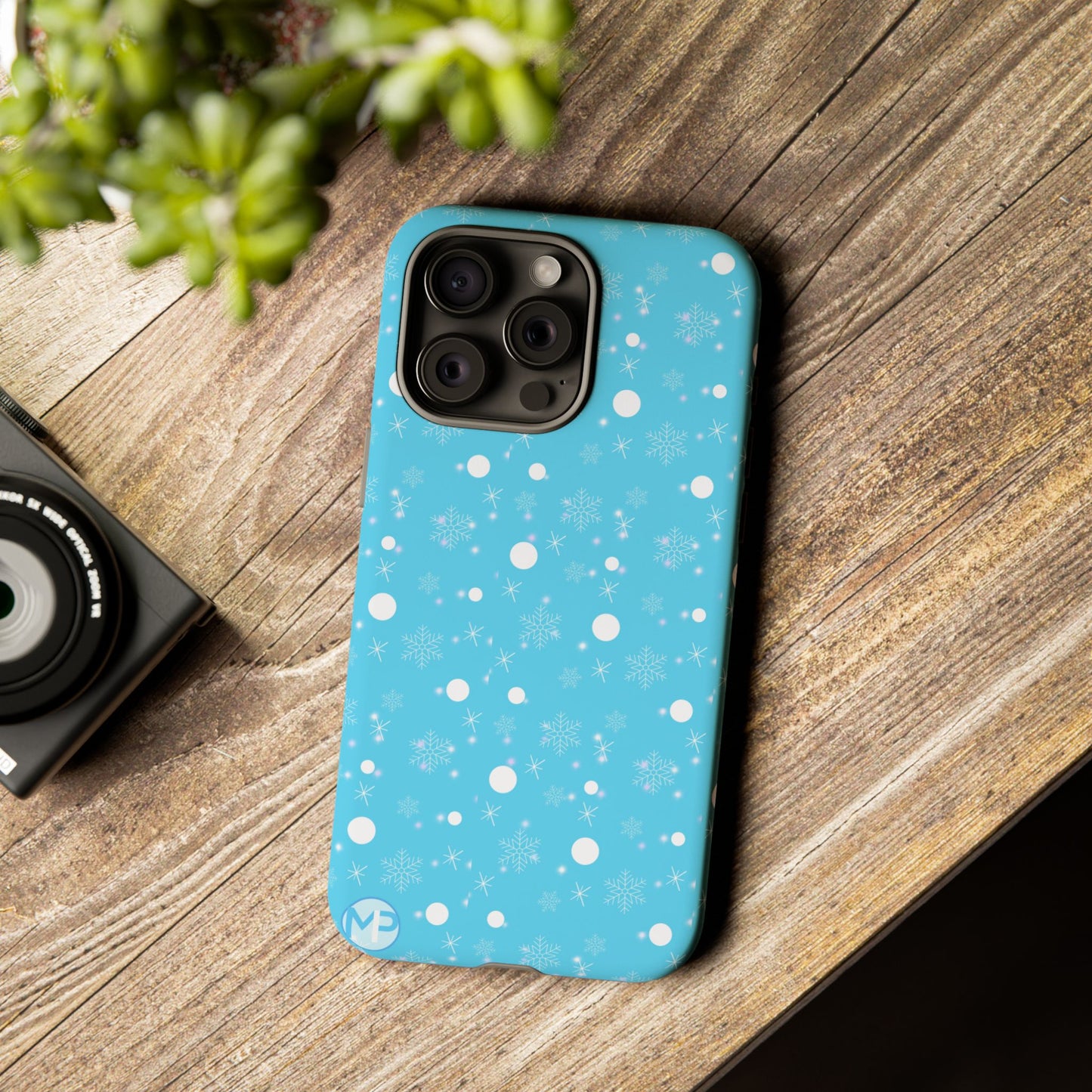 Snowflake Pattern Tough Phone Case — Blue Winter Snow Dots Protective Cover