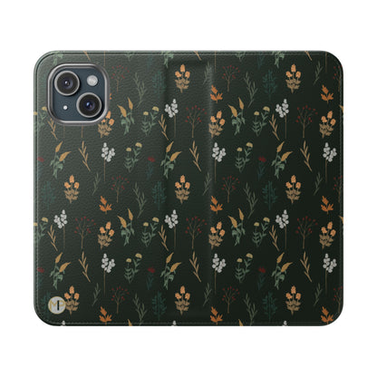 Botanical Floral Flip Phone Case — Dark Green Wallet Cover