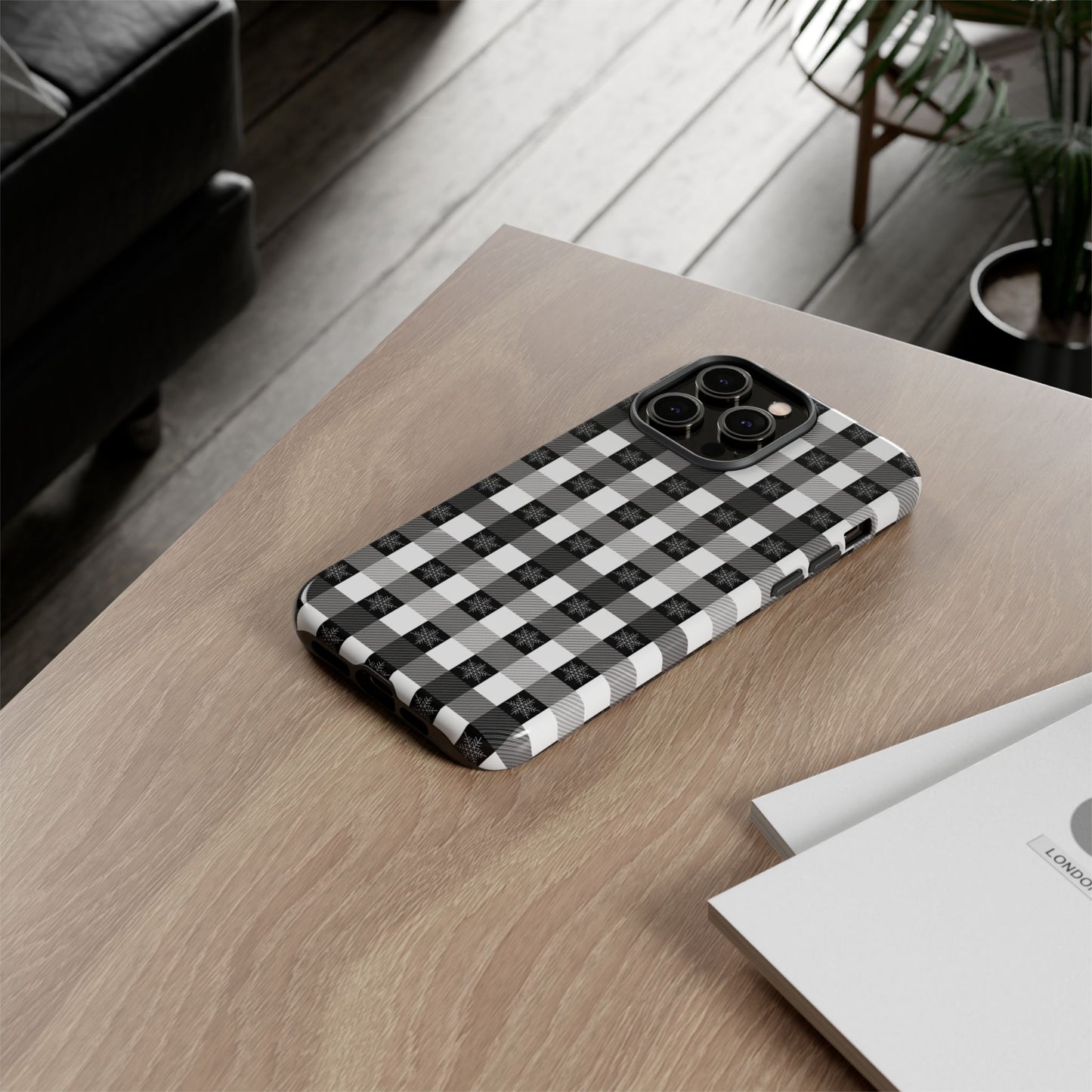 Buffalo Plaid Winter Phone Case — Black & White Checked Tough Case